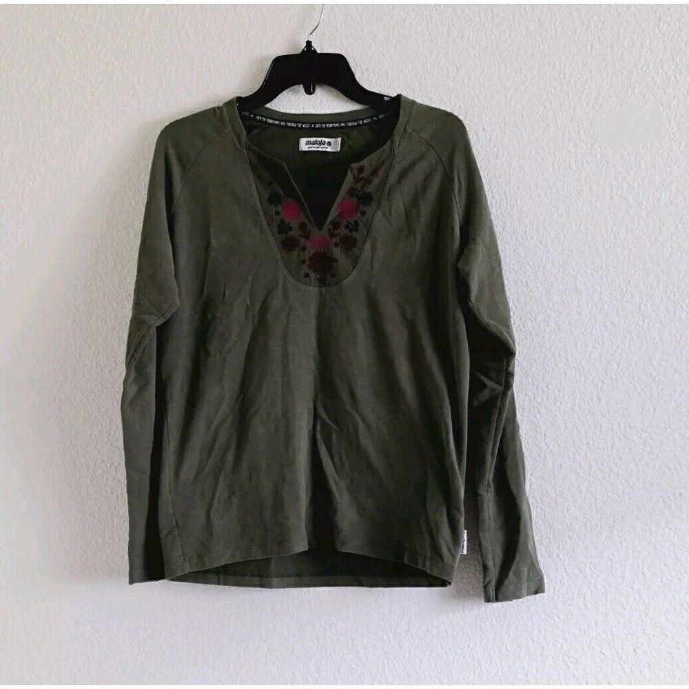 Maloja Top Womens Medium Green Floral Embroidered Blouse Henley Outdoor Hiking